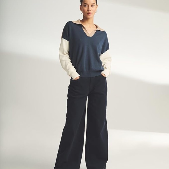 Naadam Cafe Cotton Cashmere Colorblock Polo Sweater - Medium - Indigo - Picture 5 of 5